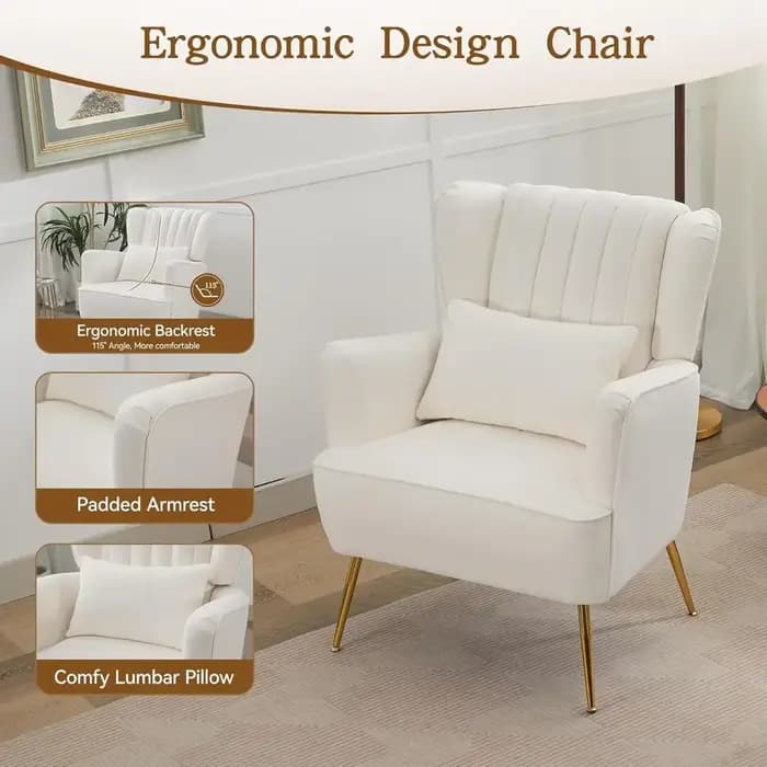 Fauteuil à oreilles blanc moderne du milieu du siècle, avec oreiller et pieds dorés, coussin de 8.5