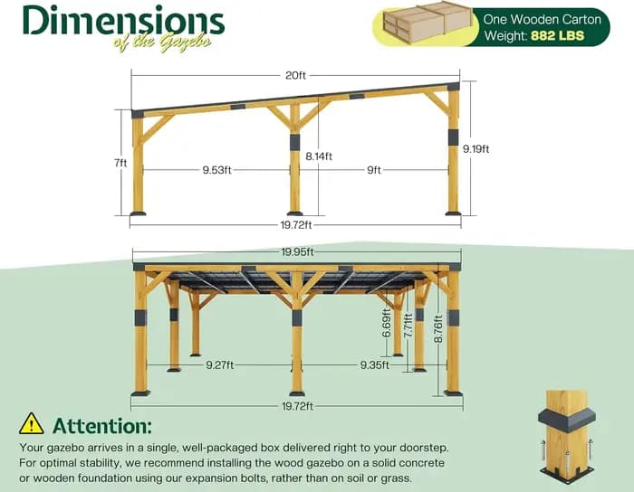 Gazebo en bois de cèdre de 20' x 20' avec toit en acier galvanisé incliné, pavillon à toit rigide av