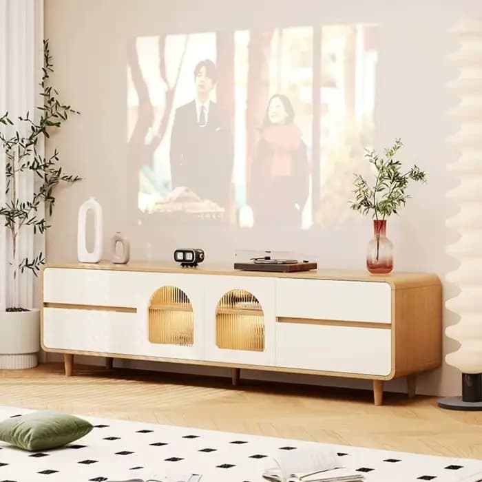 Meuble TV en bois massif blanc pour salon