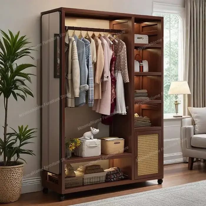 Armoire en bois massif amovible avec miroir, placard rotatif pour vêtements, meuble de chambre à cou