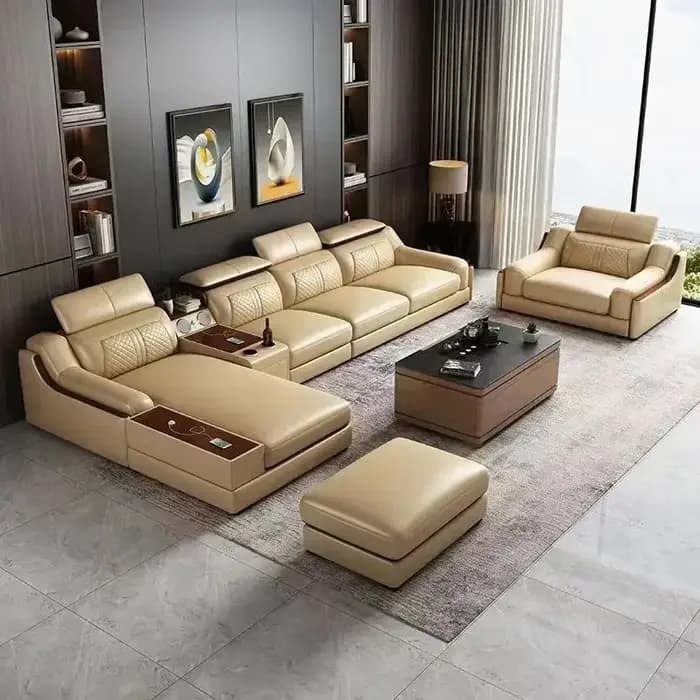 Canapé italien élégant en cuir véritable pour le salon avec porte-gobelet, USB, appui-tête réglables
