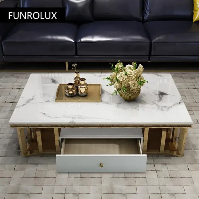 Table basse rectangulaire en marbre et acier inoxydable