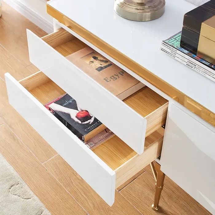 Table TV de luxe avec base et rangement en acier inoxydable doré, couleurs noir et blanc