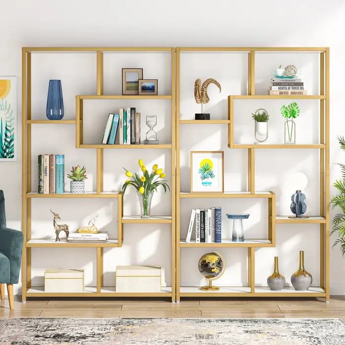 Tribesigns-Bibliothèque en Faux Marbre, Étagère Ouverte en Or à 8 Étagères, Présentoir à Livres Mode