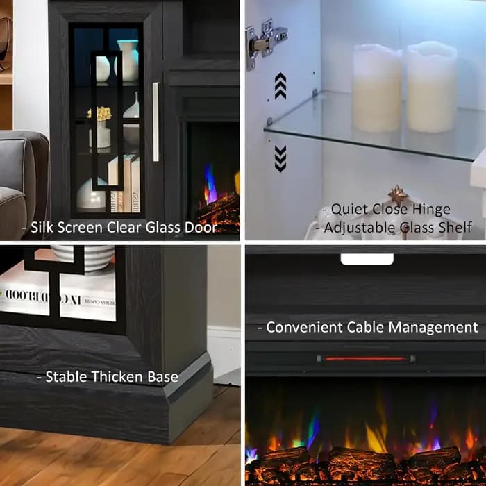 Meuble TV électrique LED 75 pouces avec foyer, console haute, verre 3 faces, flamme réglable, centre