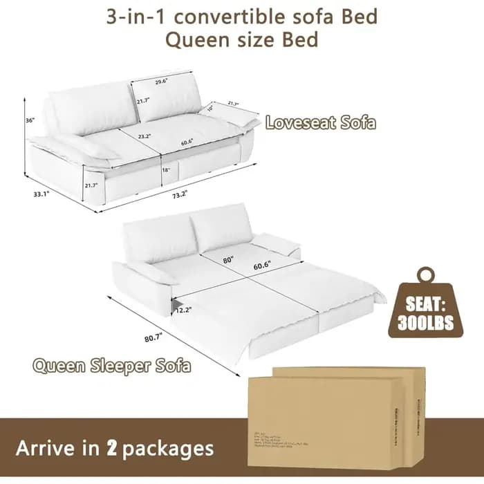 Canapé-lit futon 70,1 pouces, taille Queen, lit escamotable, canapé-lit convertible 3-en-1 avec 2 or