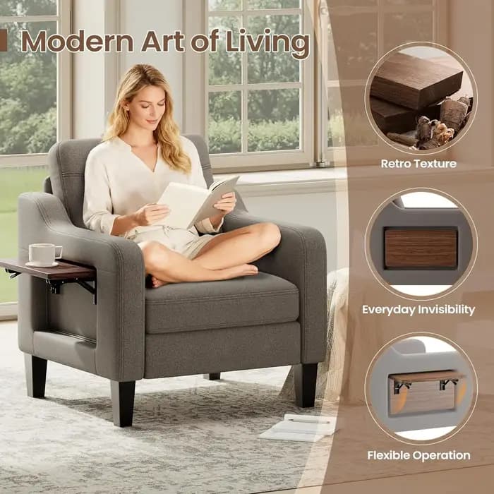 Fauteuil d'appoint pour salon, fauteuil moderne en lin rembourré, canapé en tissu avec table pliable