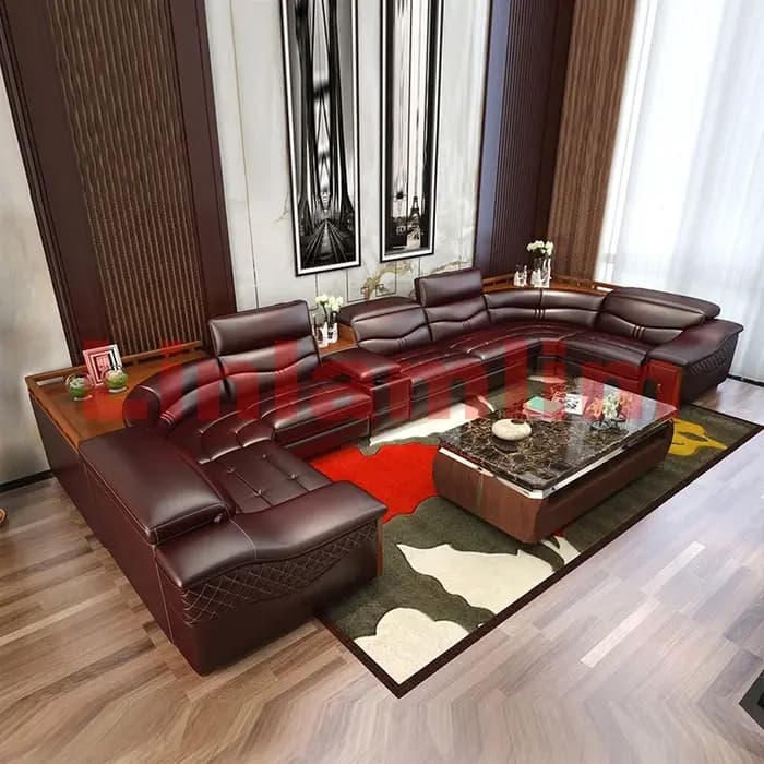 Ensemble de canapé de luxe en cuir véritable en forme de U avec fauteuil inclinable