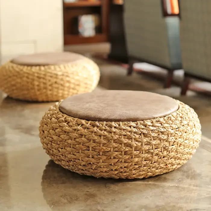 Tabouret pouf rond moderne avec siège en cuir PU