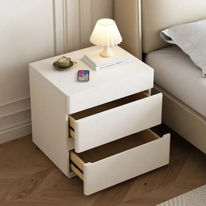 Table de chevet nordique crème avec compartiment secret sécurisé