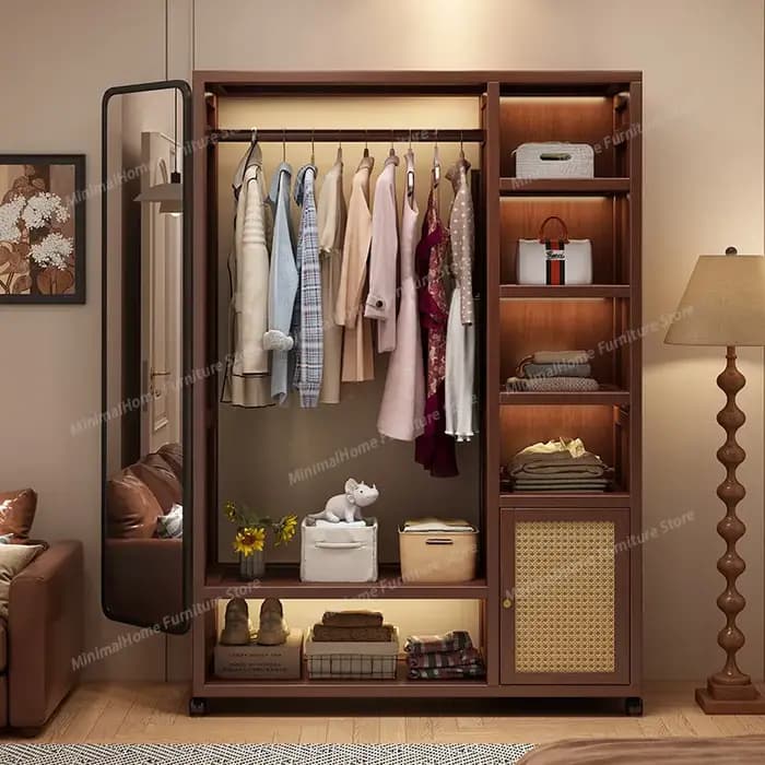 Armoire en bois massif amovible avec miroir, placard rotatif pour vêtements, meuble de chambre à cou