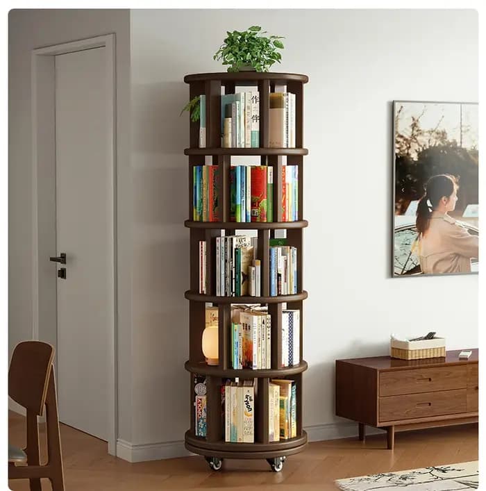 Bibliothèque rotative en bois massif avec roulettes