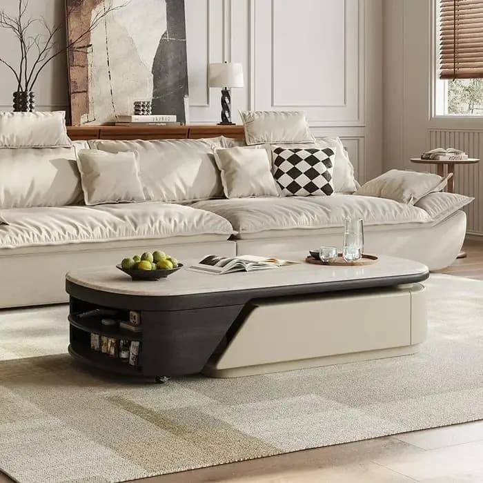 Table basse escamotable 130-170 cm avec rangement intégré