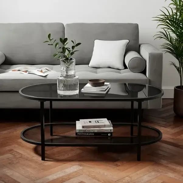 Table basse moderne à deux niveaux en verre avec pieds en métal noir - Meuble de salon pour café, de