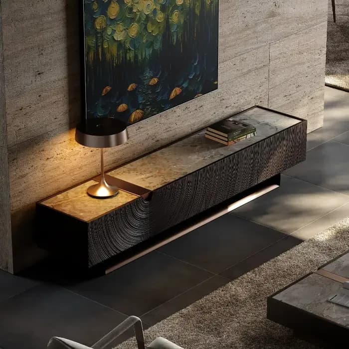 Meuble TV de salon vintage floral avec accent cannelé pour écran de divertissement