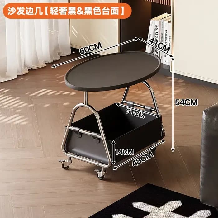 Tables d'appoint ovales noires en métal avec roulettes