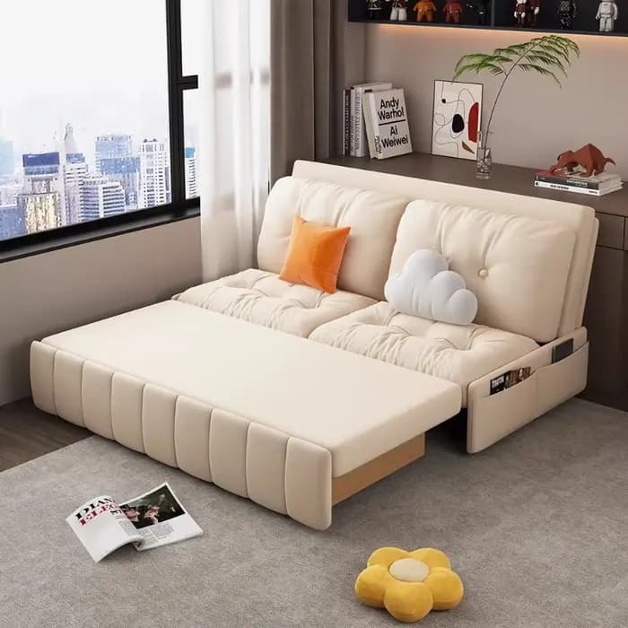 Canapé-lit couleur crème multifonctionnel pliable convertible en tissu chenille résistant aux rayures