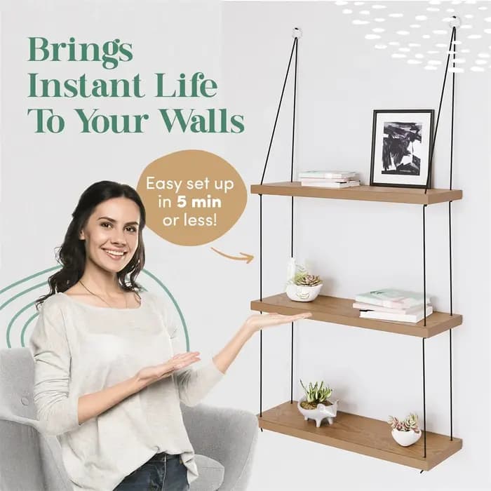 Étagères suspendues – Étagère murale à 3 niveaux – Décor de pièce Boho mignon pour chambre à coucher