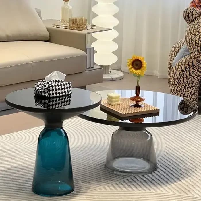 Table Basse Transparente en Verre Coloré pour Salon, Ronde, Haut de Gamme