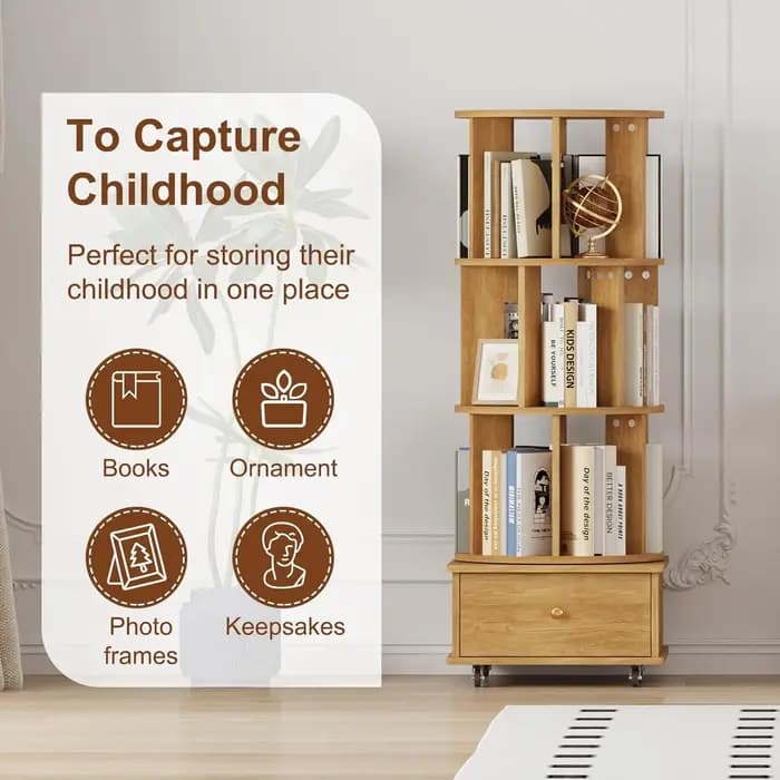 Étagère rotative à 3 niveaux avec tiroirs et roulettes, bibliothèque d'angle 360°, tour de rangement