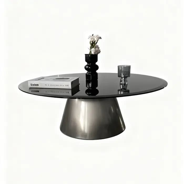 Table basse ronde transparente en acier inoxydable noir