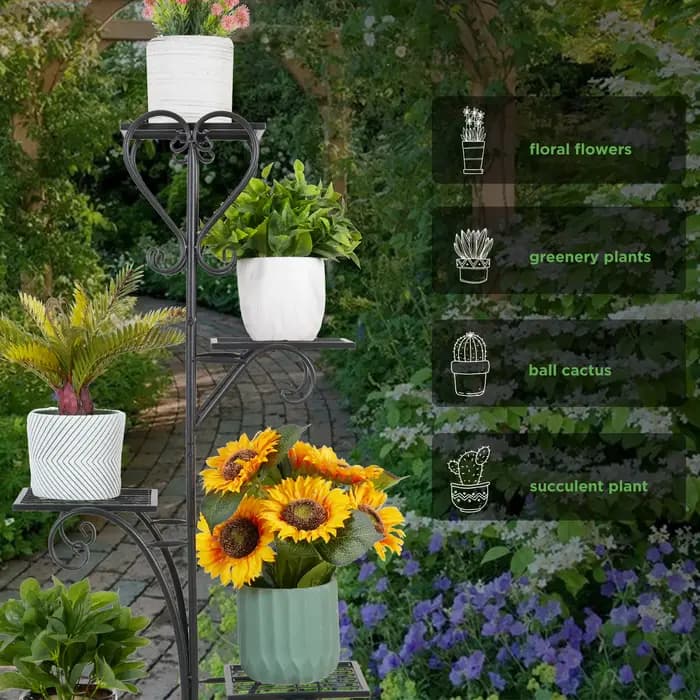 Étagère Plante Intérieure, Porte Plantes Fer Forgé Extérieur Intérieur de 5 Niveaux Support Pot de F