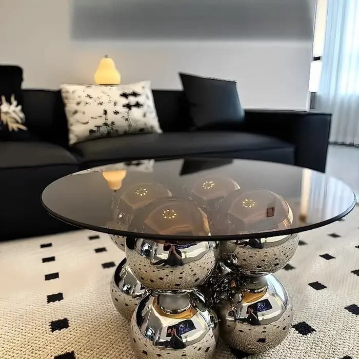 Table basse moderne à plateau en verre avec base sphérique en métal, table centrale ronde de luxe po