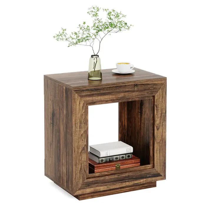 Tribesigns Table d'appoint en bois rustique, table d'appoint carrée à 2 niveaux avec étagère de rang