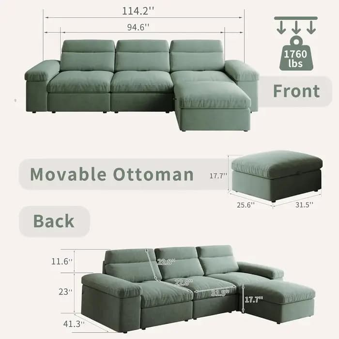 Canapé modulaire en forme de L de 114,2 pouces, grand canapé sectionnel avec ottoman de rangement et