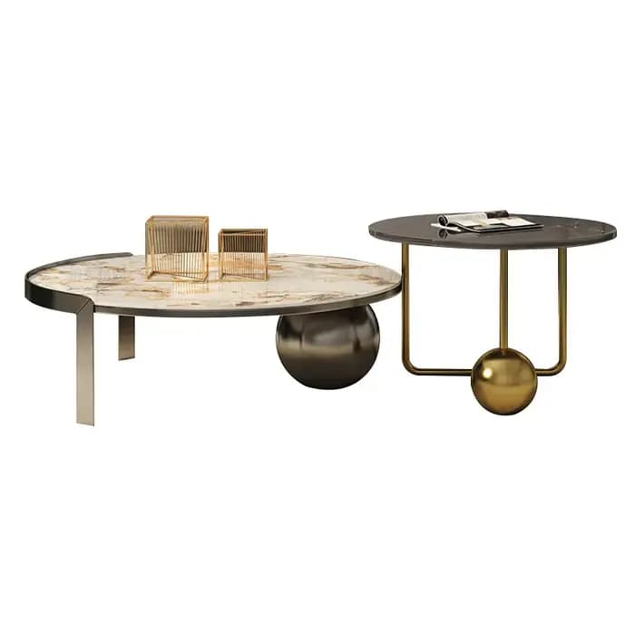 Table basse moderne en acier inoxydable avec pierre ronde