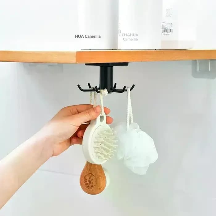 Support adhésif pour ustensiles de cuisine sous l'armoire avec rotation à 360° et 6 crochets pour le rangement