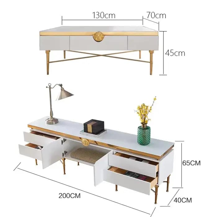 Table TV de luxe avec base et rangement en acier inoxydable doré