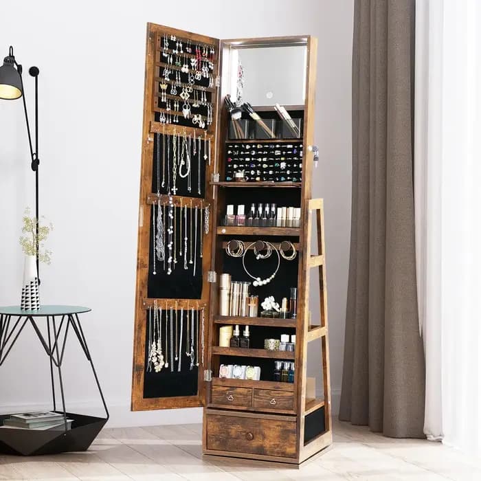 Armoire à bijoux avec miroir pleine longueur pivotant à 360° - Armoire sur pied avec miroir intégré
