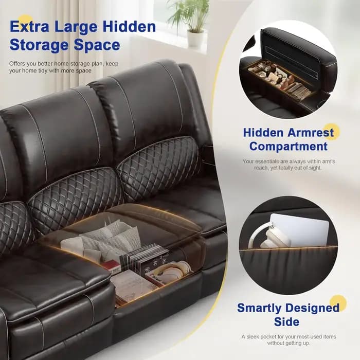 Canapé inclinable 3 places avec console, accoudoirs, cuir PU, porte-gobelets, ports USB, salon/campi