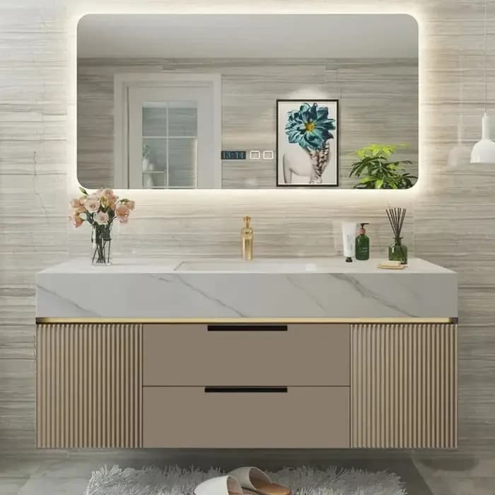 Meuble de salle de bain de luxe en bois avec tiroirs étanches, design élégant, ensemble complet de r