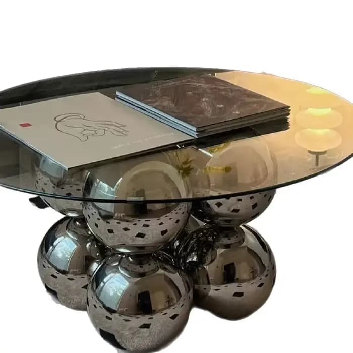 Table basse moderne à plateau en verre avec base sphérique en métal, table centrale ronde de luxe po