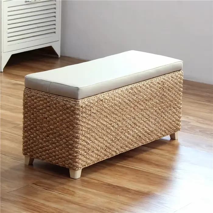 Banc ottoman en bois massif rembourré, tissage en rotin, pour couloir, entrée, avec organisateur sou