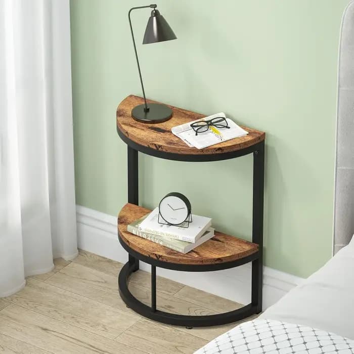 Table d'appoint semi-cercle à 2 niveaux, table d'appoint demi-ronde avec étagère de rangement, table