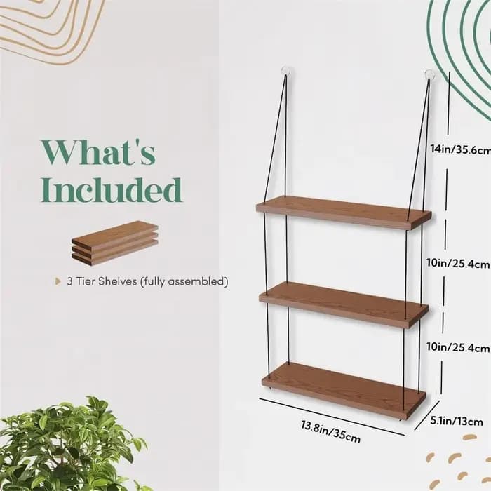 Étagères suspendues – Étagère murale à 3 niveaux – Décor de pièce Boho mignon pour chambre à coucher