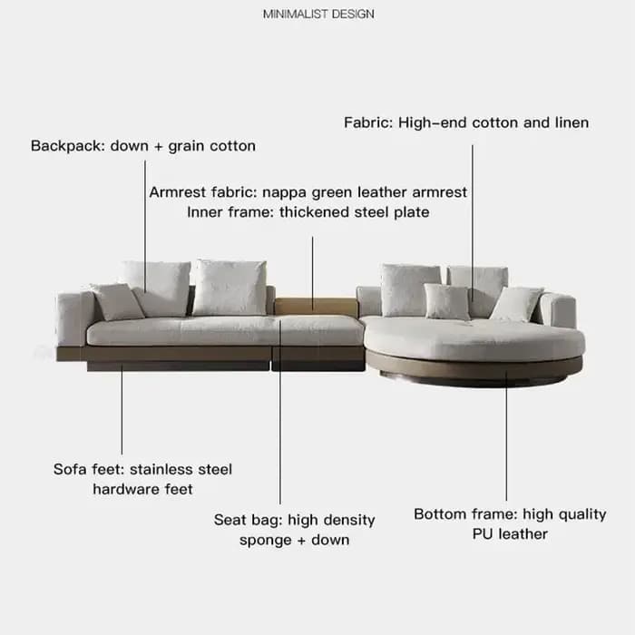 Canapé italien pour salon, canapé sectionnel minimaliste en tissu coton et lin, grand sol plat, cana