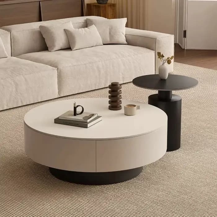 Table basse ronde moderne avec rangement dissimulé
