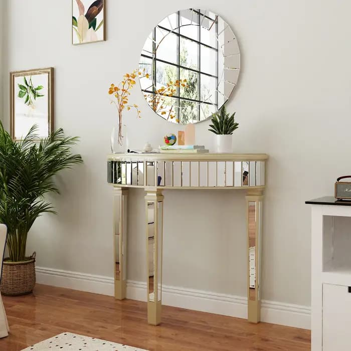 Table console miroir demi-lune pour entrée et salon, coiffeuse de maquillage pour couloir argenté, m