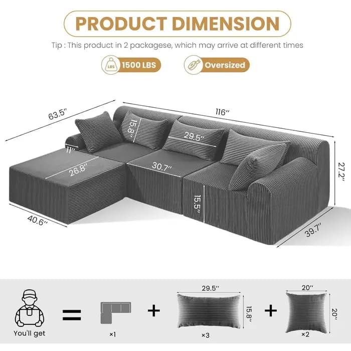 Canapé modulable surdimensionné sans structure pour salon, canapé d'angle confortable en forme de nu