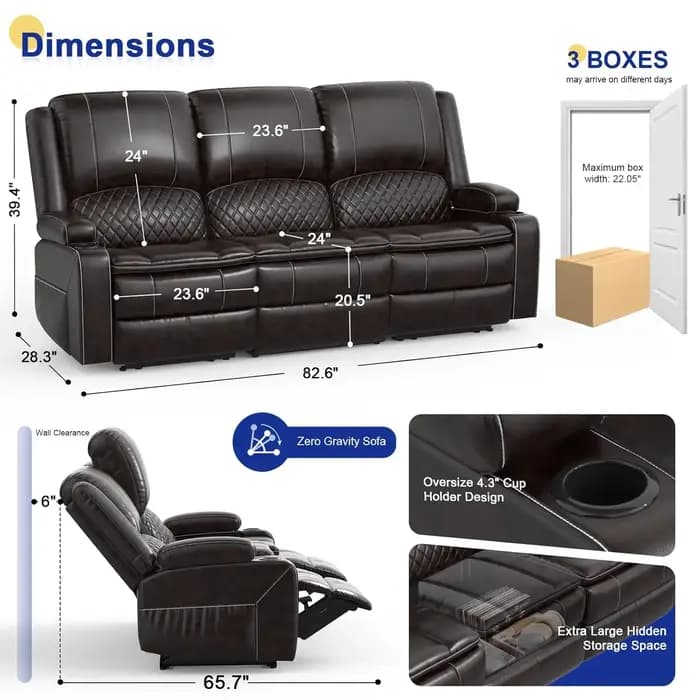 Canapé inclinable 3 places avec console, accoudoirs, cuir PU, porte-gobelets, ports USB, salon/campi