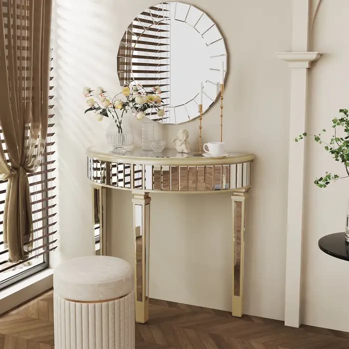 Table console miroir demi-lune pour entrée et salon, coiffeuse de maquillage pour couloir argenté, m