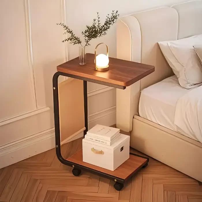 Table d'appoint en forme de C à 2 niveaux avec rangement ouvert