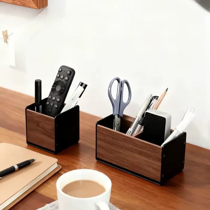 Organisateur de bureau en bois massif noyer avec supports en alliage d'aluminium – Rangement pratique pour fournitures