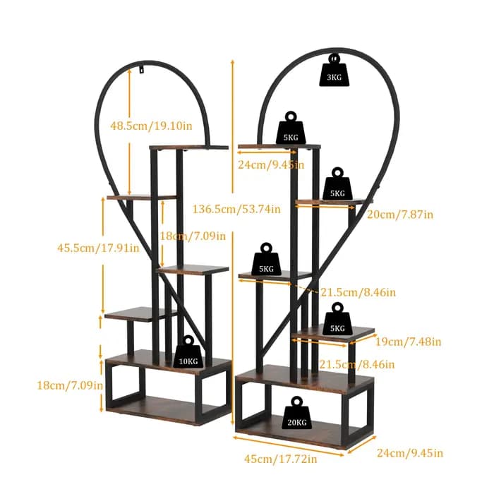 Étagère de rangement pour plantes hautes en forme de cœur, 6 niveaux en métal, support de jardin pou