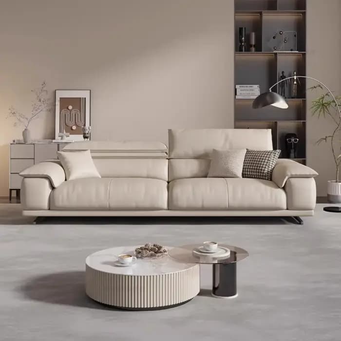 Canapé de salon italien en cuir véritable, canapé de luxe design minimaliste, mobilier familial mode