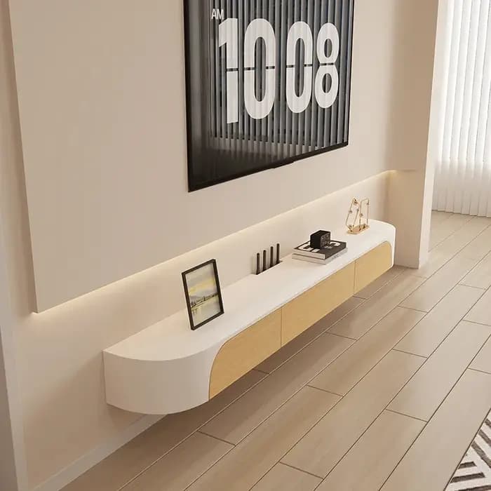 Meubles TV Flottants Modernes avec Tiroirs, Centre de Divertissement de Luxe en Bois, Design Blanc,